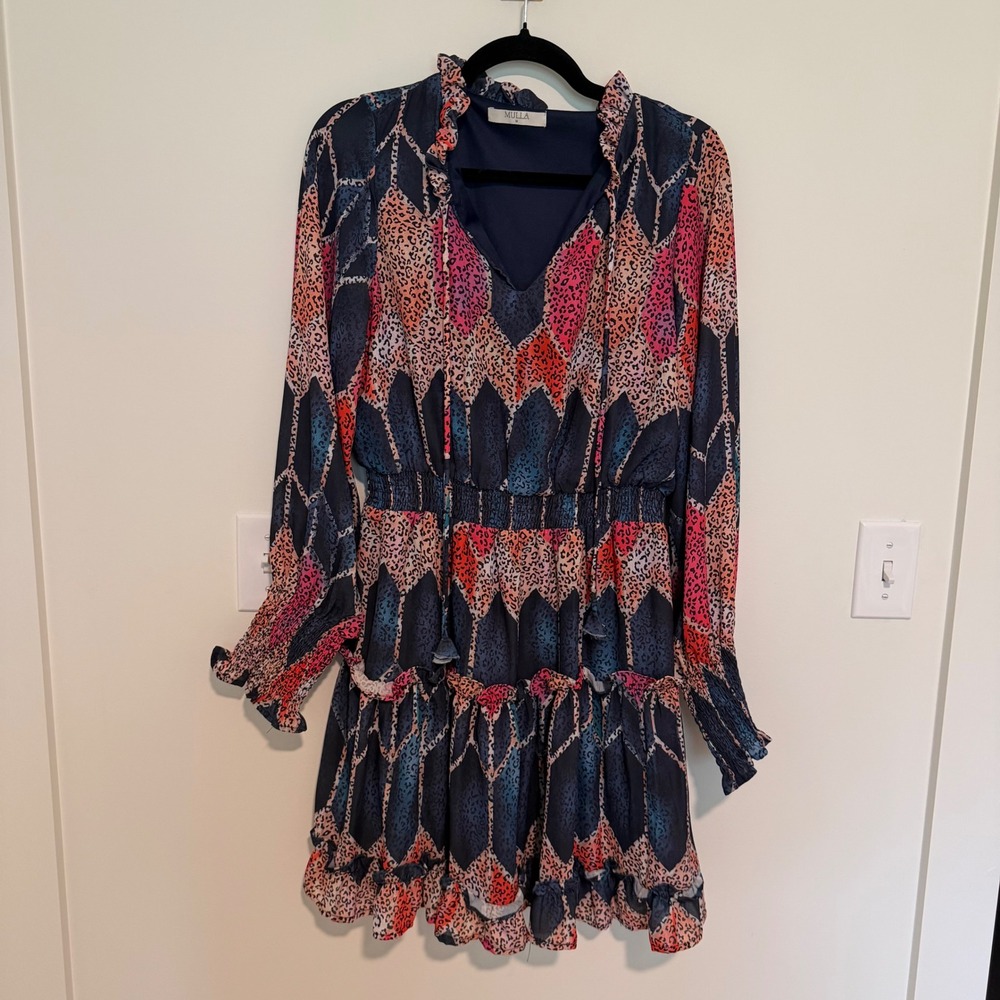 Mulla Womens Animal Geometric‎ Print Smocked Mini Dress Navy Pink Coral Size M